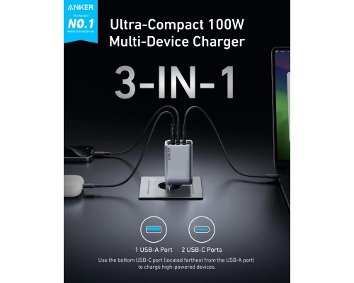 Зарядний пристрій Anker GaNPrime 100W 2xUSB-C PD + 1xUSB-A Foldable Silver (A2688341)