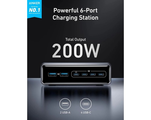 Зарядний пристрій Anker GaNPrime 200W 4xUSB-C PD + 2xUSB-A Black (A2683341)