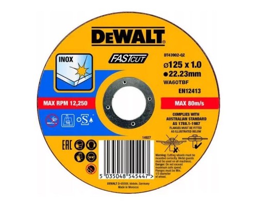 Круг відрізний DeWALT INOX FASTCUT, нержавіюча сталь/листовий метал, 125х1х22.23 мм (DT43902)