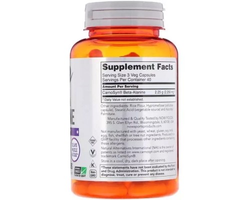 Амінокислота Now Foods Бета-Аланін, Beta-Alanine, 750 мг, 120 вегетаріанських капсул (NOW-02008) 