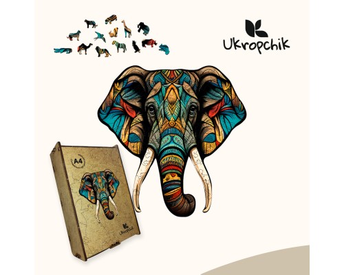 Пазл Ukropchik дерев'яний Тропічний Слон size - M в коробці з набором-рамкою (Tropical Elephant A4)