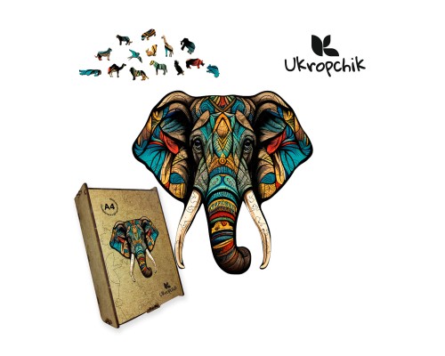 Пазл Ukropchik дерев'яний Тропічний Слон size - M в коробці з набором-рамкою (Tropical Elephant A4)