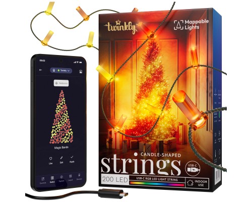 Гірлянда Twinkly Smart LED Strings USB 200 Candle-shaped RGB LEDs, Green Wire, USB-C 12м (TWKC200RGB-G)