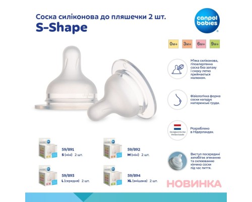 Соска Canpol babies силіконова до пляшечки S-Shape XL (змішана) 2 шт (59/894)