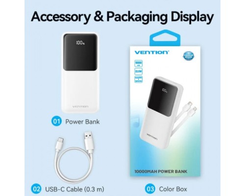 Батарея універсальна Vention 10000mAh 22.5W 3A PD, Built-in USB-C+Lightning Cables, White (FHOW0)