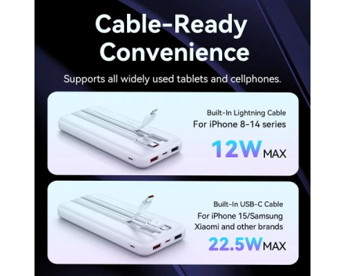 Батарея універсальна Vention 10000mAh 22.5W 3A PD, Built-in USB-C+Lightning Cables, White (FHOW0)