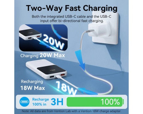Батарея універсальна Vention 10000mAh 22.5W 3A PD, Built-in USB-C+Lightning Cables, White (FHOW0)