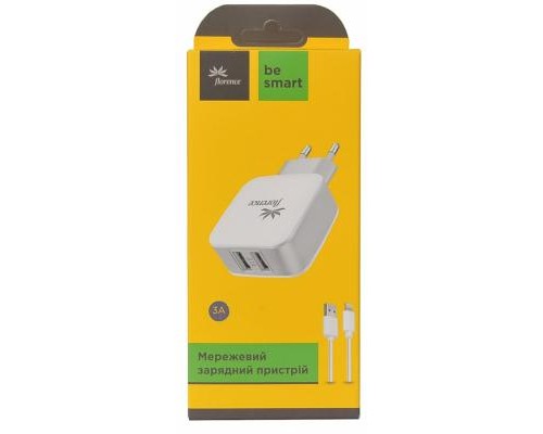 Зарядний пристрій Florence 2USB 3A + Lightning cable White (FW-2U030W-L)