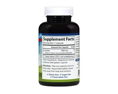Амінокислота Carlson Лізин 500мг, L-Lysine, 100 капсул (CL6881) 