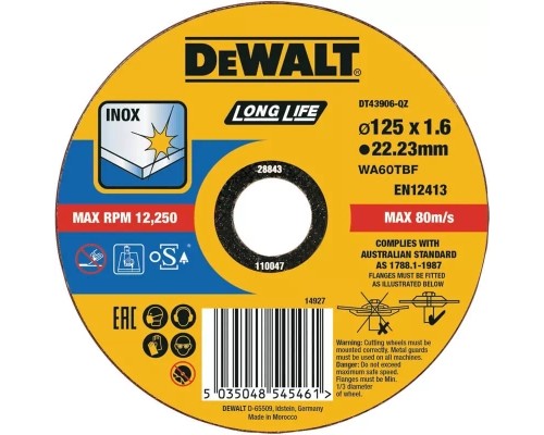 Круг відрізний DeWALT INOX Long Life, нержавіюча сталь/листовий метал, 125х1.6х22.23 мм (DT43906)