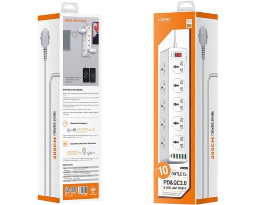 Мережевий фільтр живлення LDNIO SC10610, 5роз + 3USB (SC10610)