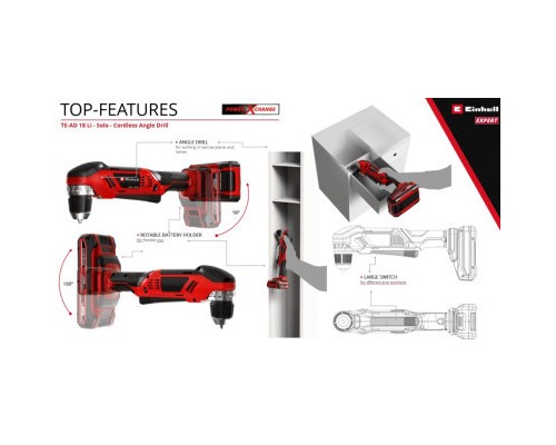 Дриль Einhell кутова TE-AD 18 Li - Solo PXC 18В, 1100 об/хв, 45Нм (без АКБ та ЗП) (4514290)