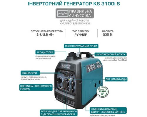 Генератор Konner&Sohnen інверторний KS 3100i S, 230В, 3.1кВт, ручний тартер, 21.5кг (KS3100IS)