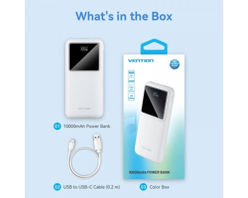 Батарея універсальна Vention 10000mAh 22.5W 3A PD, QC/3.0, LED Display, White (FHKW0)