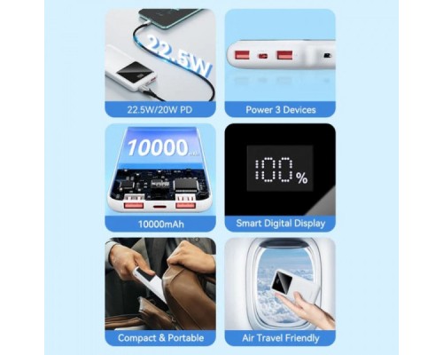 Батарея універсальна Vention 10000mAh 22.5W 3A PD, QC/3.0, LED Display, White (FHKW0)