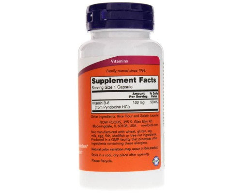Вітамін Now Foods Вітамін В6 (Піридоксин), Vitamin B6, 100 мг, 100 капсул (NF0456)