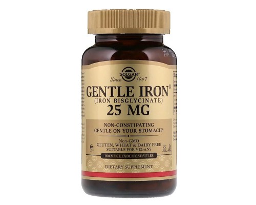 Мінерали Solgar Хелатний Залізо, 25 мг, Gentle Iron, 180 рослінніхапсул (SOL-01250)