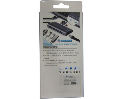Концентратор Dynamode USB3.1 Type-C to HDMI, 3хUSB3.0, RJ45, USB Type-C Female, SD (Dock-USB-TypeC-HDMI-USB3.0-RJ45)