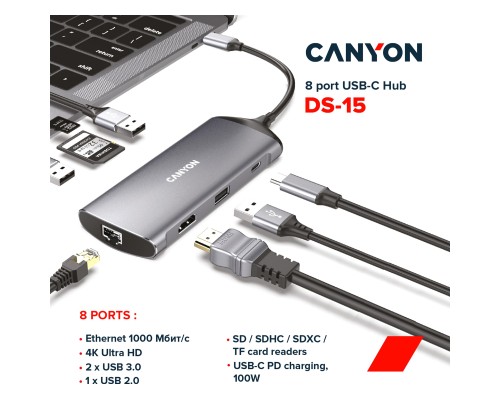 Порт-реплікатор Canyon 8-in-1 USB-C (CNS-TDS15)