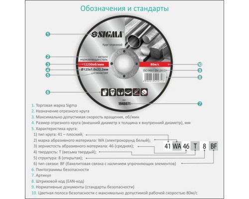 Круг відрізний Sigma по металу та нержавіючій сталі 115x1.0x22.2мм, 13300об/хв (1940001)