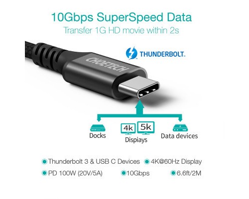 Дата кабель USB-С to USB-С 2.0m 100W 4K60Hz USB3.1 GEN2 Choetech (XCC-1007-V2-BK)