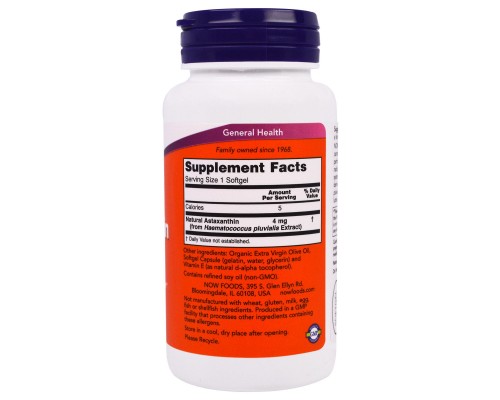 Антиоксидант Now Foods Астаксантин 4мг, 90 желатинових капсул (NOW-02305) 