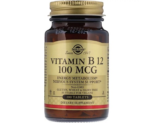 Вітамін Solgar Вітамін В12 (Ціанокобаламін), Vitamin B12, 100 мкг, 100 табл (SOL-03180)