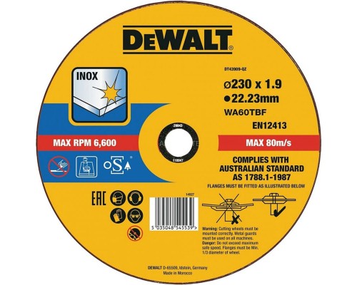 Круг відрізний DeWALT INOX, нержавіюча сталь/листовий метал, 230х1.9х22.23 мм (DT43909)