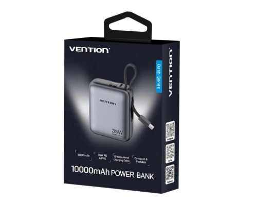 Батарея універсальна Vention 10000mAh 35W 3A PD, Type-C in/out, Built-in USB-C Cable, LED Display,Gray (FHEH0)