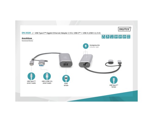 Перехідник USB-C + USB 3.0 to RJ45 2500Mbps Ethernet Digitus (DN-3028)