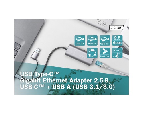 Перехідник USB-C + USB 3.0 to RJ45 2500Mbps Ethernet Digitus (DN-3028)