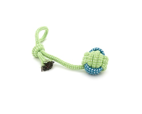 Іграшка для собак Voltronic Мотузка-апорт із вузлами форма кулі з петлею, вузлом 6х14 см зелено-синя (YT41103)