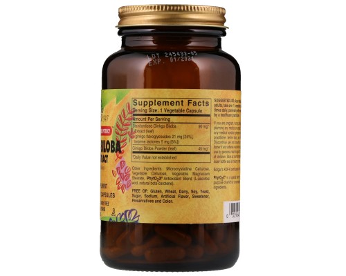 Трави Solgar Екстракт листя гінкго білоба, Ginkgo Biloba Leaf Extract, 18 (SOL-04132)