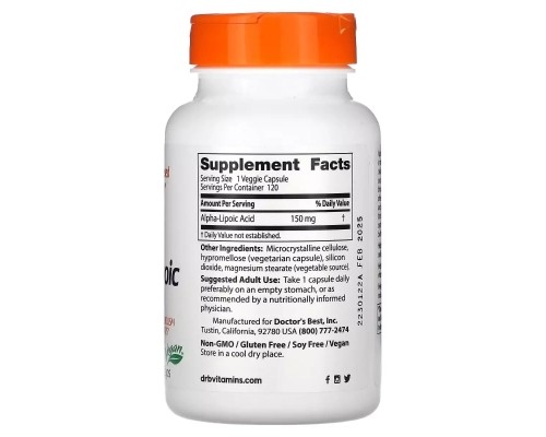 Антиоксидант Doctor's Best Альфа-Ліпоєва кислота, 150 мг, Alpha-Lipoic Acid, 120 вегетаріанс (DRB-00104) Антиоксидант Doctor's Best Альфа-Ліпоєва кислота, 150 мг, Alpha-Lipoic Acid, 120 вегетаріанс (DRB-00104)
