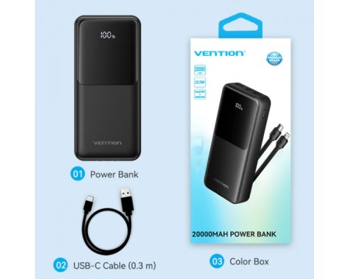 Батарея універсальна Vention 20000mAh 22.5W 3A PD, Built-in USB-C+Lightning Cables, Black (FHPB0)