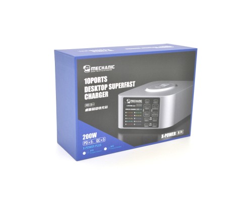 Зарядний пристрій MECHANIC 5xUSB-C PD + 5xUSB QC3.0 + Wireless Charging 15W LED indication 200W black (X-Power Plus-200W)