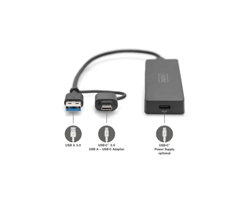Концентратор Digitus USB-C + USB-A to 4xUSB-A 0.2m black (DA-70235)