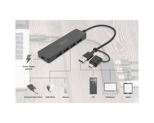 Концентратор Digitus USB-C + USB-A to 4xUSB-A 0.2m black (DA-70235)