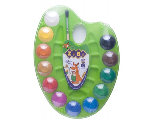 Акварельні фарби ZiBi KIDS Line на палітрі, 12 кол. натур. пензель лайм (ZB.6558-15)