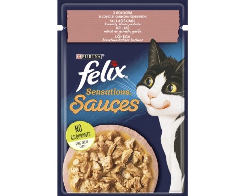 Вологий корм для кішок Purina Felix Sensations Sauces з лососем у соусі зі смаком креветок 85 г (7613039836026)