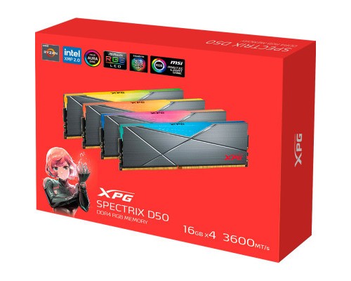 Модуль пам'яті для комп'ютера DDR4 64GB (4x16GB) 3600 MHz XPG Spectrix D50 RGB Tungsten ADATA (AX4U360016G18I-QCTG50)
