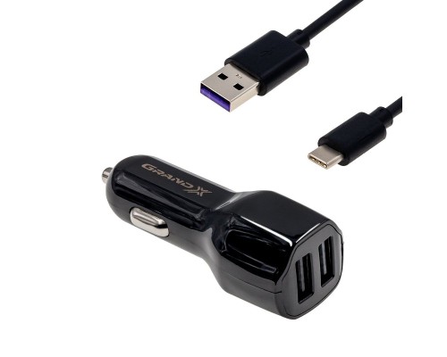 Зарядний пристрій Grand-X 2,1A, 12-24V, 2USB + cable USB -> TypeC, Cu, 1m (CH-26TC)