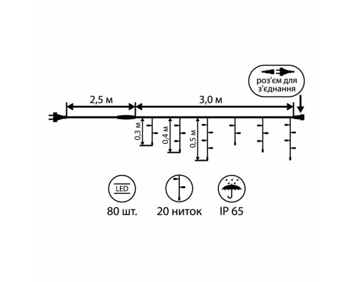Гірлянда YES! Fun штора LED вулична 80 ламп, IP65, багатобарвна (801168)