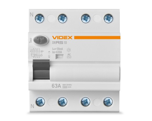 Диференційне реле (ПЗВ) Videx RESIST АС 4п 30мА 10кА 63А (VF-RS10-DR4AC63)