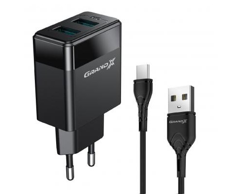 Зарядний пристрій Grand-X 2USB 5V 2,4A + Type-C cable (CH-50T)