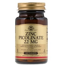 Мінерали Solgar Цинк Піколінат 22 мг, Zinc Picolinate, 100 таблеток (SOL-03725)