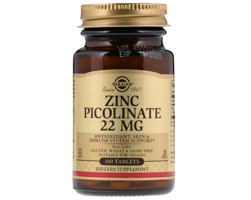 Мінерали Solgar Цинк Піколінат 22 мг, Zinc Picolinate, 100 таблеток (SOL-03725)