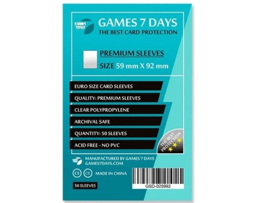 Протектор для карт Games7Days 59 х 92 мм, Euro, 50 шт (PREMIUM) (GSD-025992) Протектор для карт Games7Days 59 х 92 мм, Euro, 50 шт (PREMIUM) (GSD-025992)