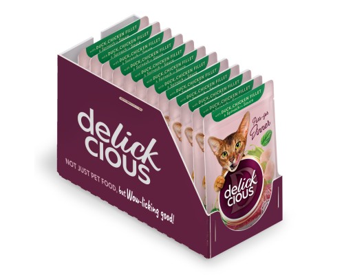 Вологий корм для кішок Delickcious Шматочки з качкою, курячим філе і шпинатом в соусі 85 г (4820269143142) Вологий корм для кішок Delickcious Шматочки з качкою, курячим філе і шпинатом в соусі 85 г (4820269143142)