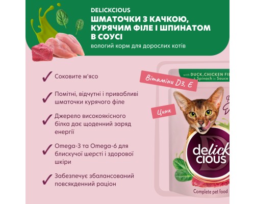 Вологий корм для кішок Delickcious Шматочки з качкою, курячим філе і шпинатом в соусі 85 г (4820269143142) Вологий корм для кішок Delickcious Шматочки з качкою, курячим філе і шпинатом в соусі 85 г (4820269143142)